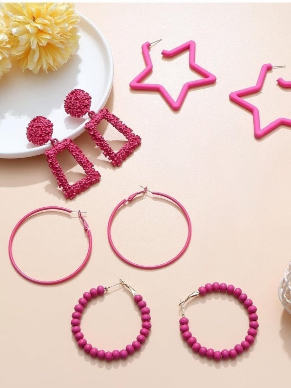5 pairs hot neon pink statement earrings beaded hoop stars rectangle geometric